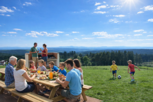 Terrasse avec vue panoramique sur les Monts d'Auvergne (Lisieux, Mézenc, Gerbier de Jonc...)