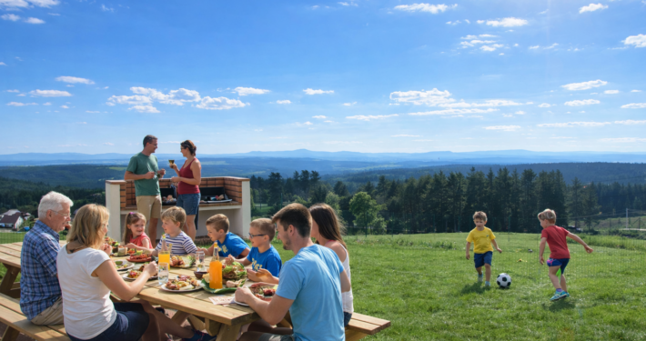 Terrasse avec vue panoramique sur les Monts d'Auvergne (Lisieux, Mézenc, Gerbier de Jonc...)